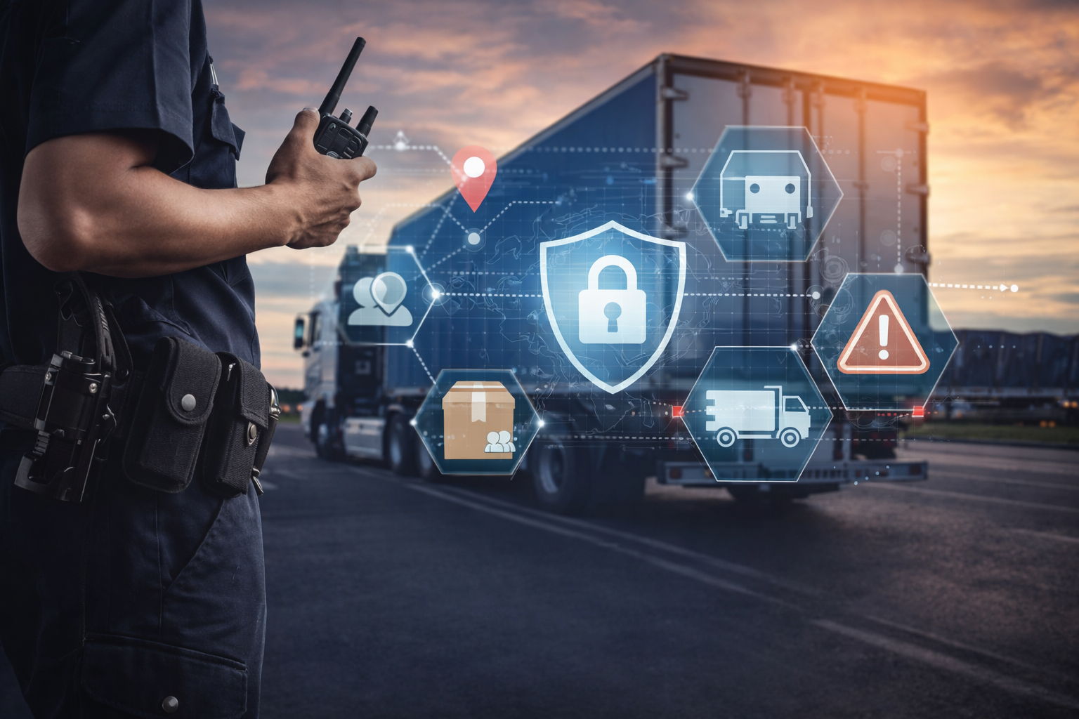 Guardia supervisando camión de carga con iconos de seguridad digital